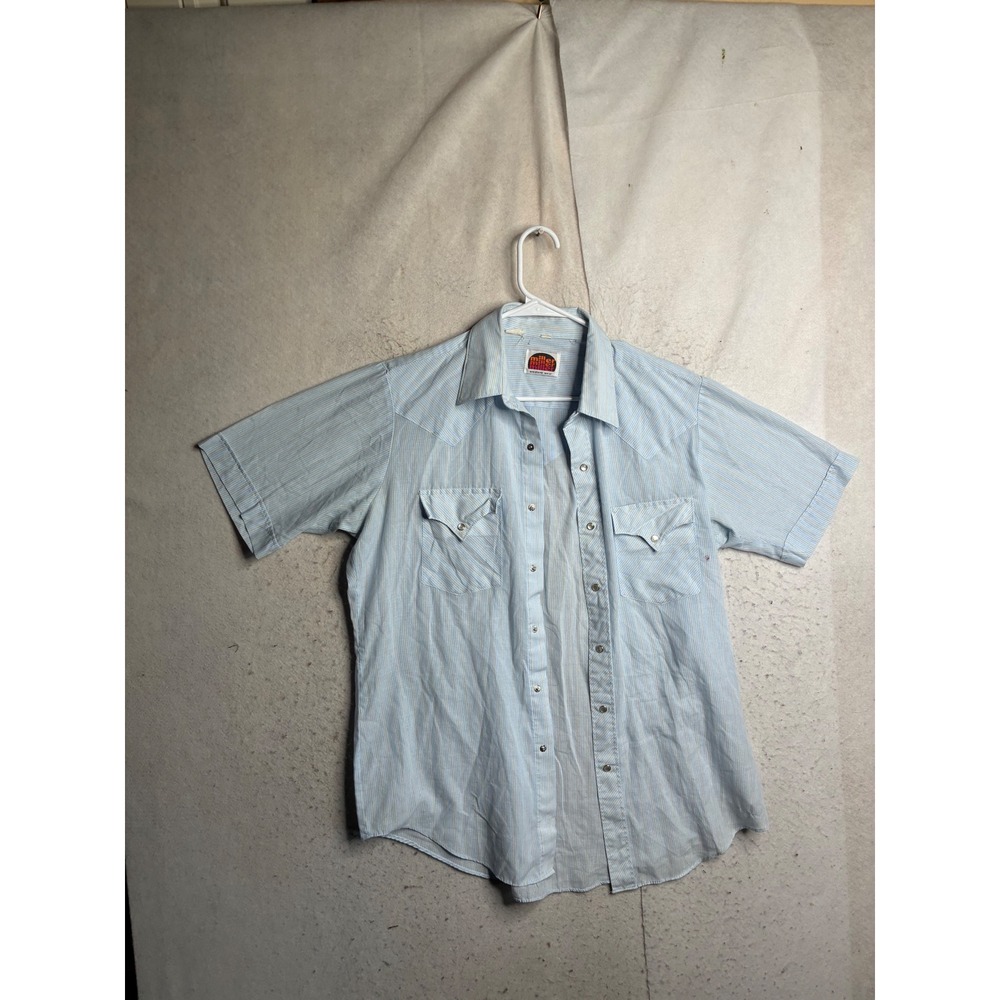 Vintage Miller Western Wear Light Blue Striped Short Sleeve Pearl Snap Shirt